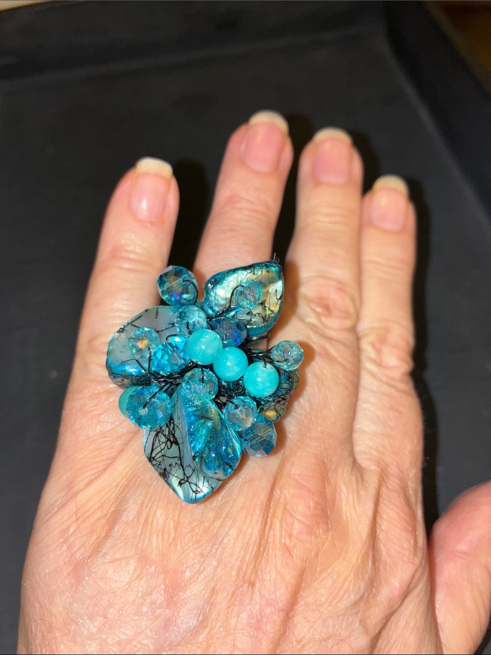 Blue Crystal Cluster Statement Stretch Ring